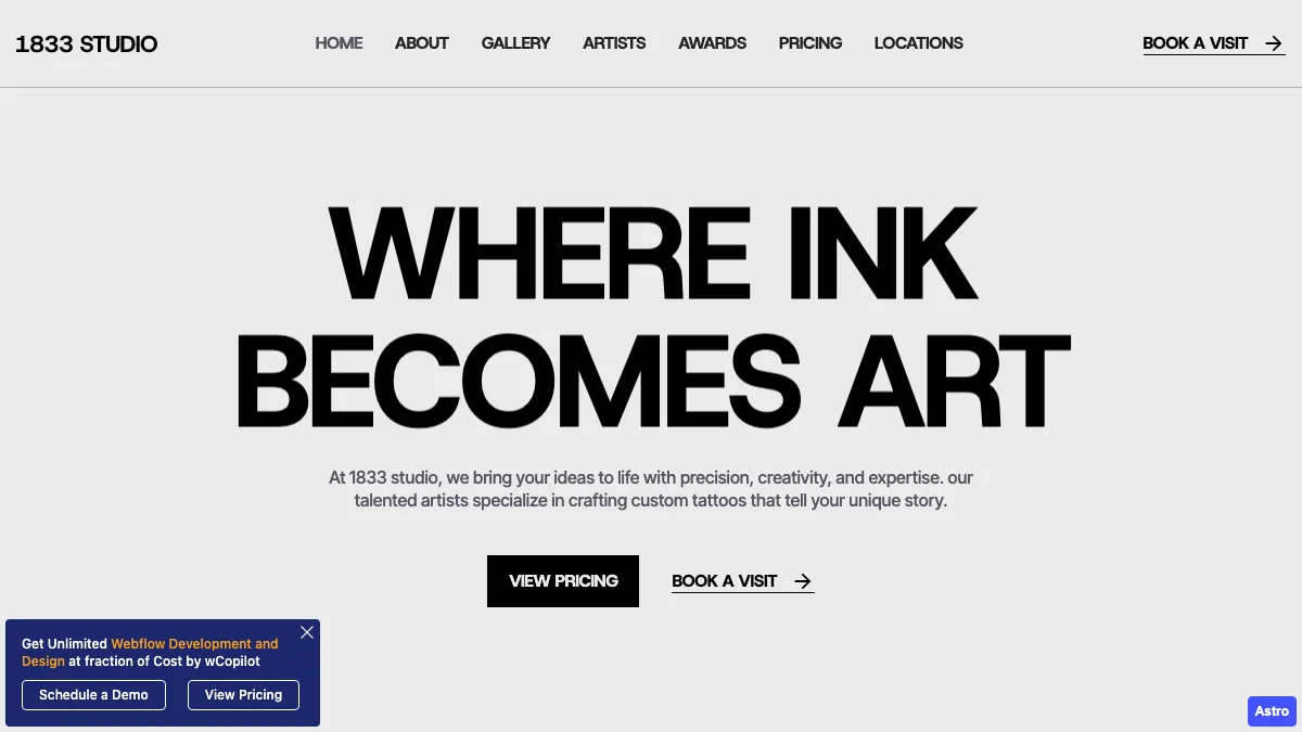 Screenshot of the 1833 Studio theme homepage