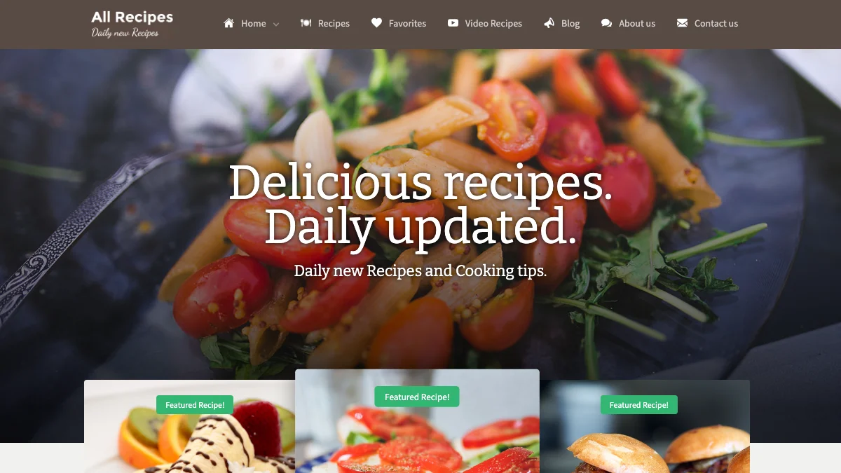 Screenshot of the All Recipes theme homepage