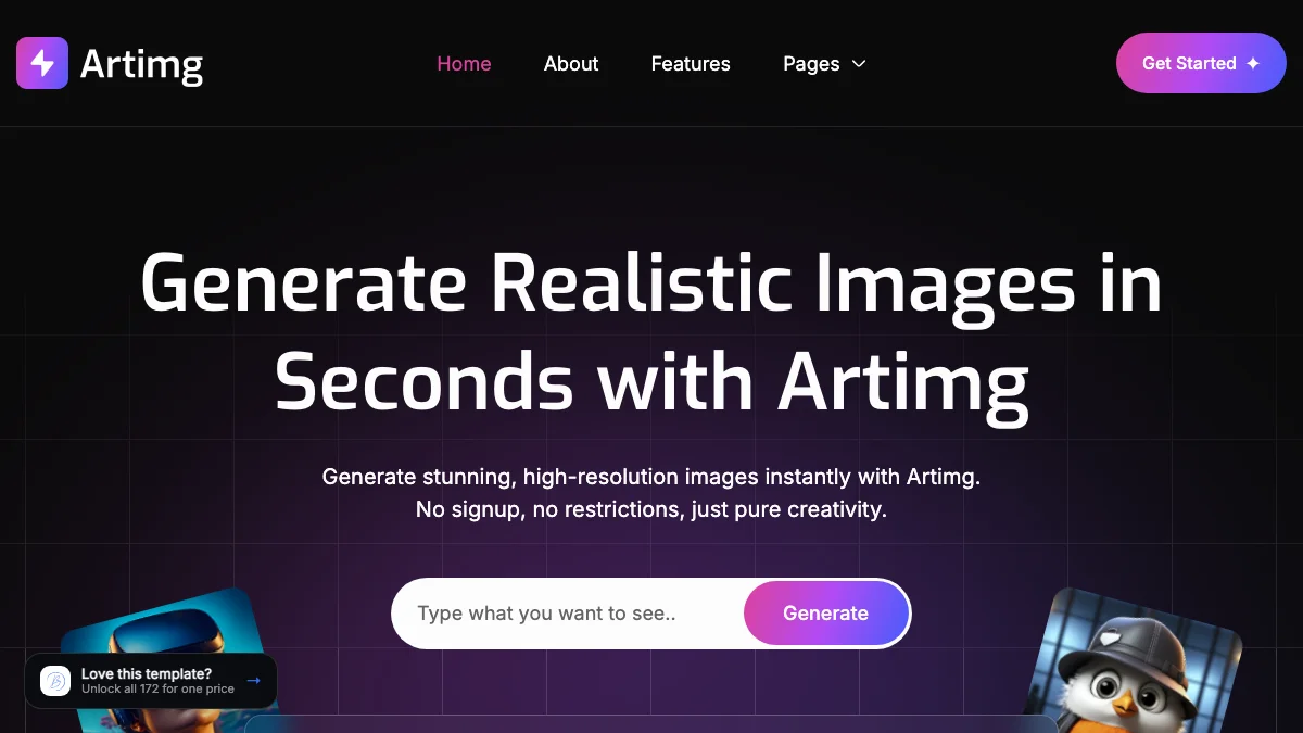 Screenshot of the Artimg theme homepage