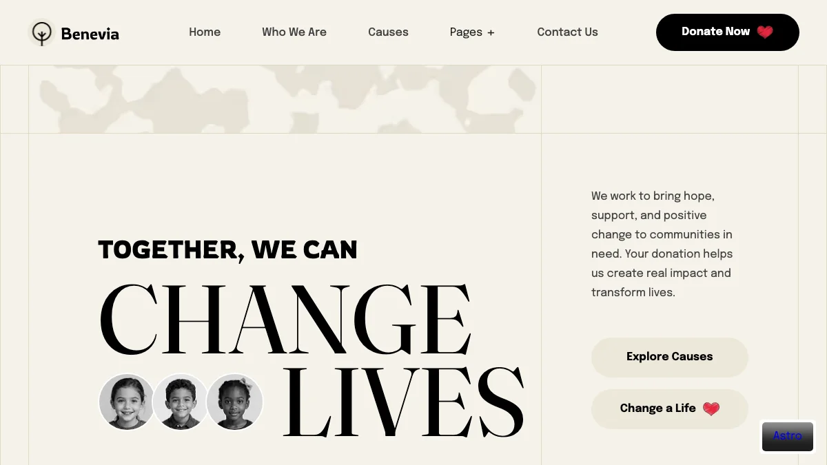 Screenshot of the Benevia theme homepage