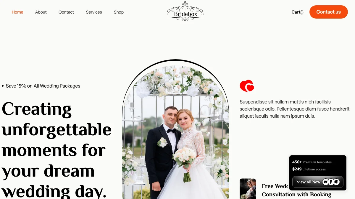 Screenshot of the BrideBox theme homepage