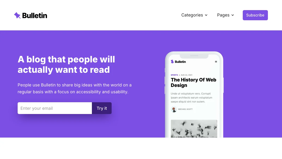 Screenshot of the Bulletin theme homepage