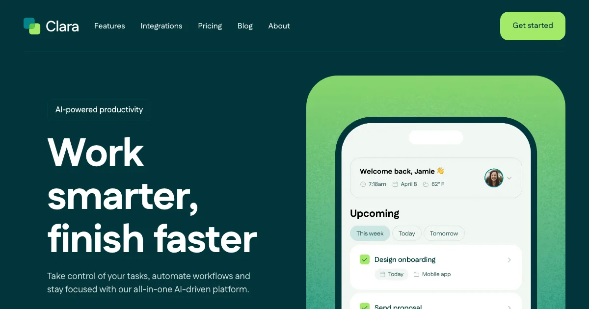 Screenshot of the Clara theme homepage