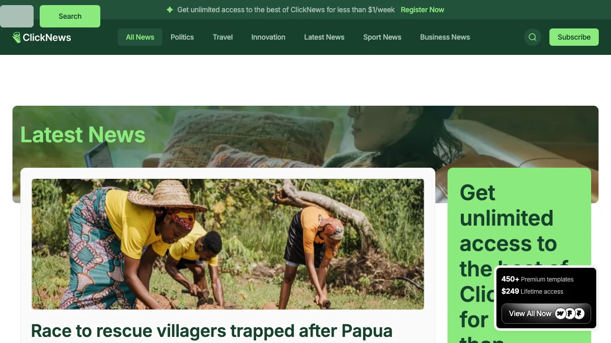 Screenshot of the ClickNews theme homepage