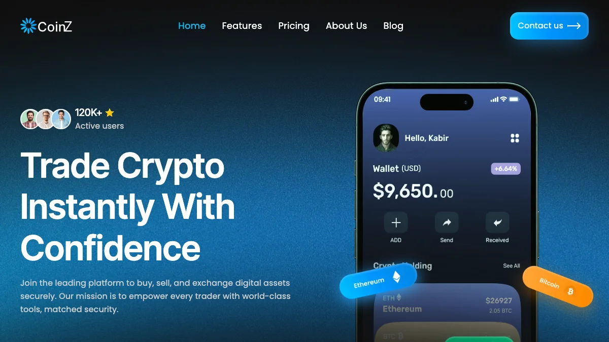 Screenshot of the Coin Z theme homepage