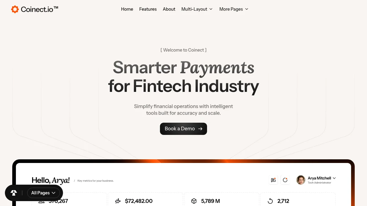 Screenshot of the Coinect theme homepage