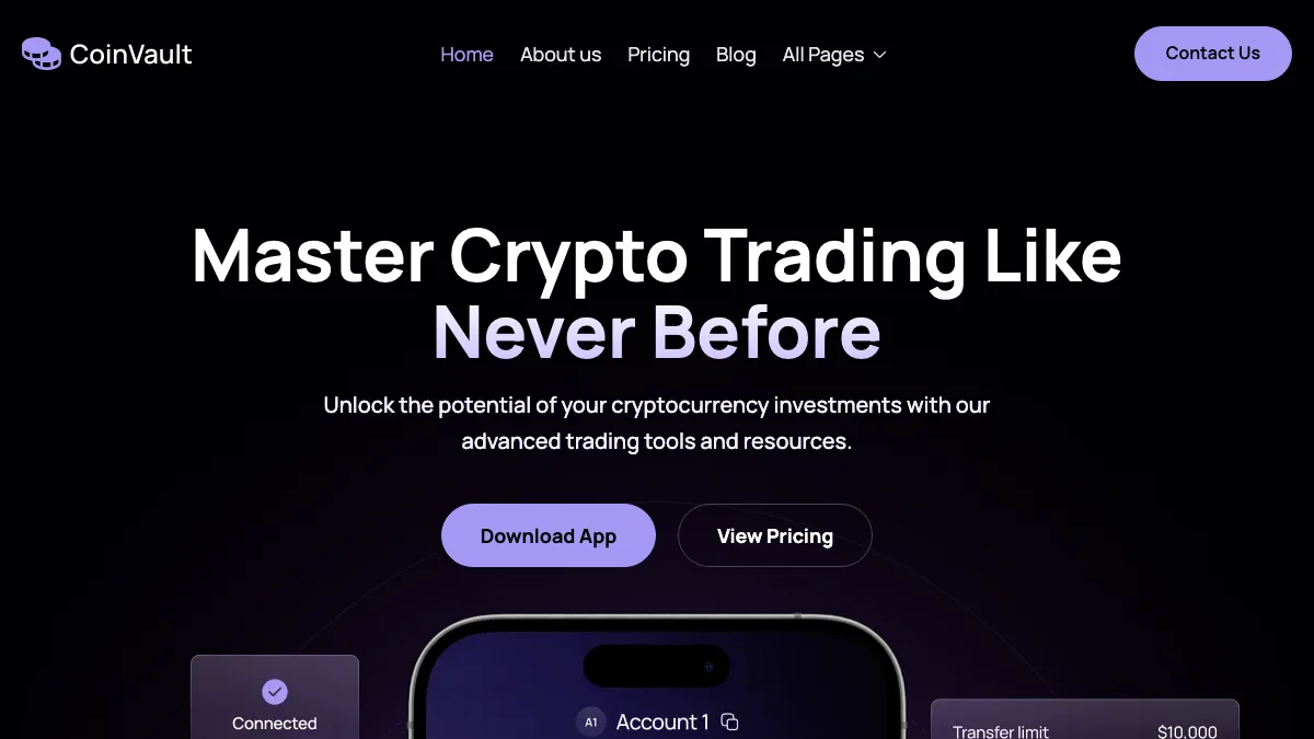 Screenshot of the Coinvault - A Modern Crypto Webflow Template theme homepage