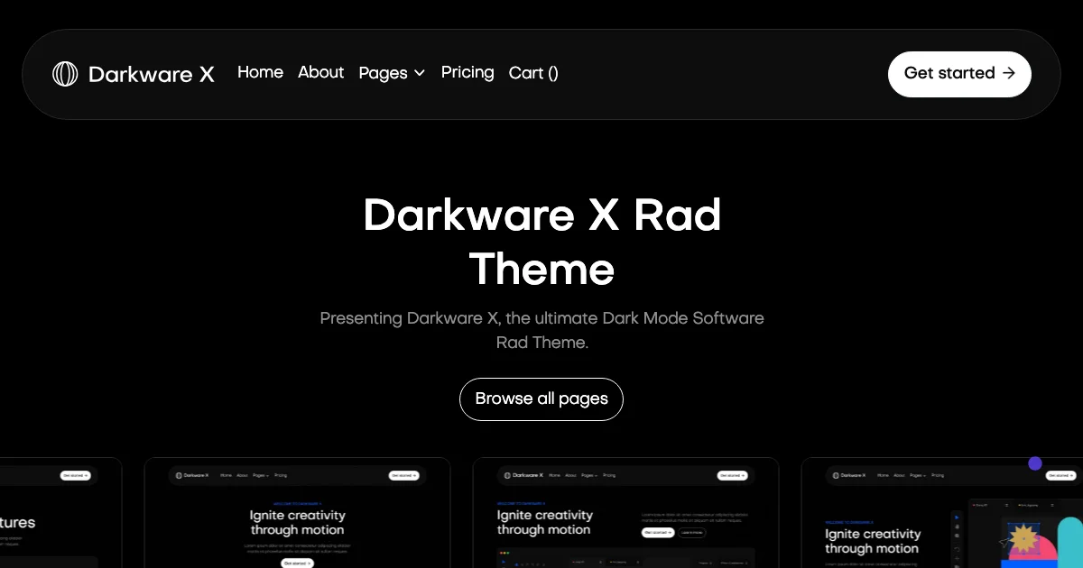 Screenshot of the Darkware X theme homepage