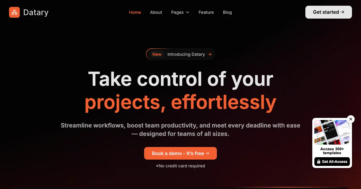 Screenshot of the Datary theme homepage