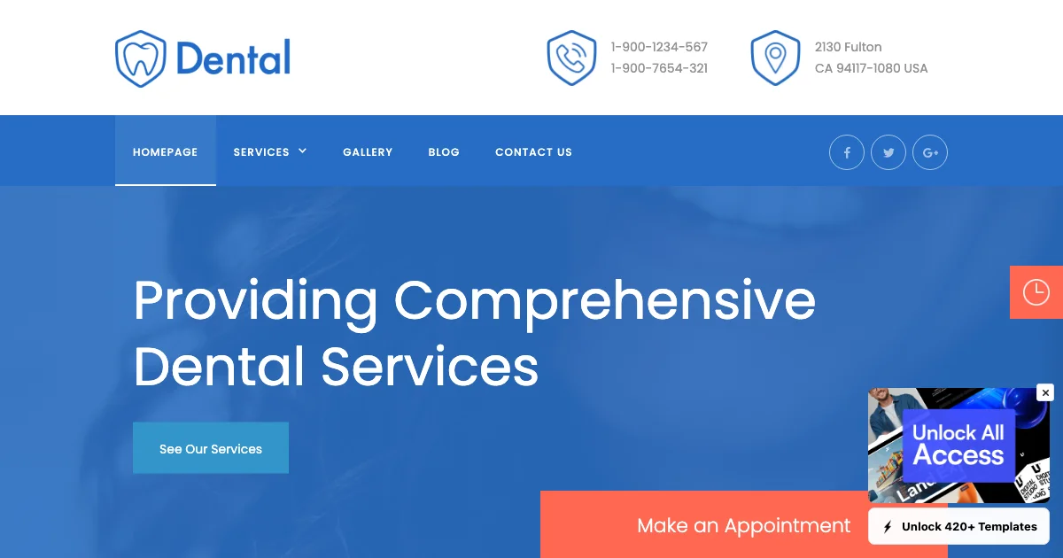 Screenshot of the Dental theme homepage