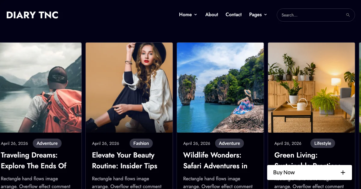 Screenshot of the Diary Dark TNC theme homepage