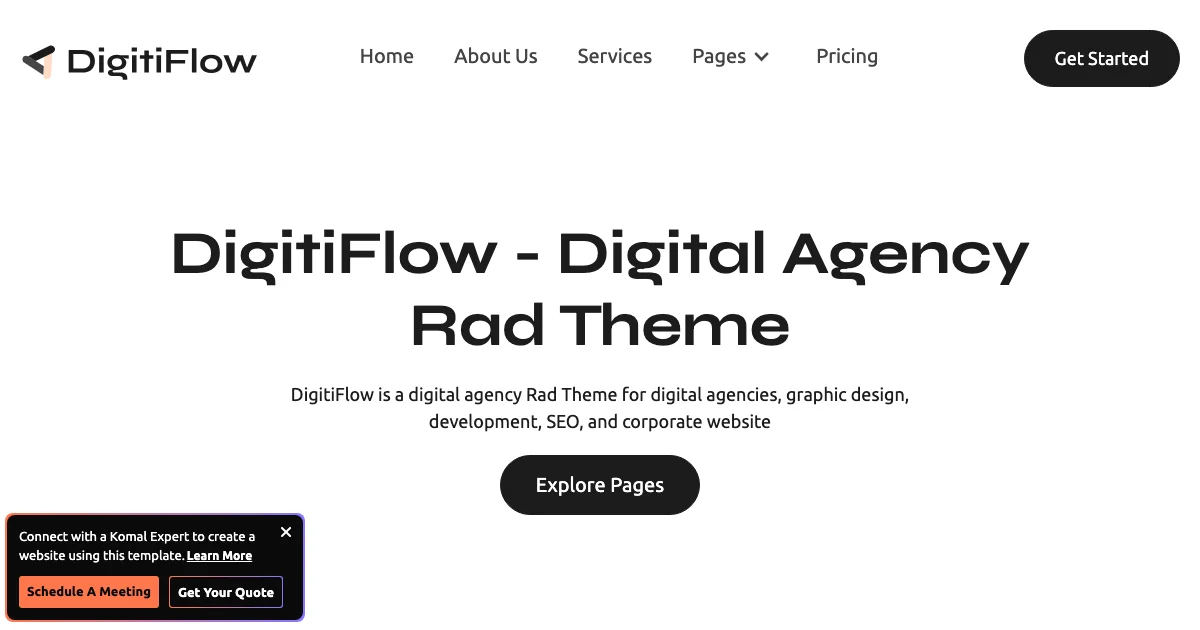 Screenshot of the DigitiFlow theme homepage